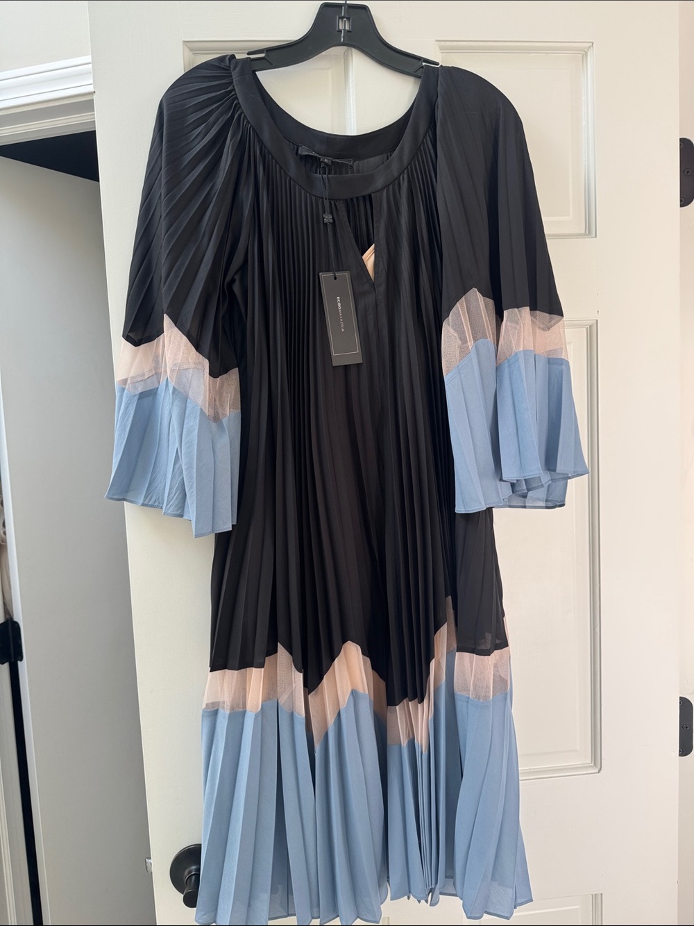 Pleated Colorblock Midi Dress - Black, Light Blue & Blush